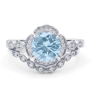 Round Floral Bridal Set Piece Vintage Style Engagement Ring Simulated Aquamarine 925 Sterling Silver Wholesale